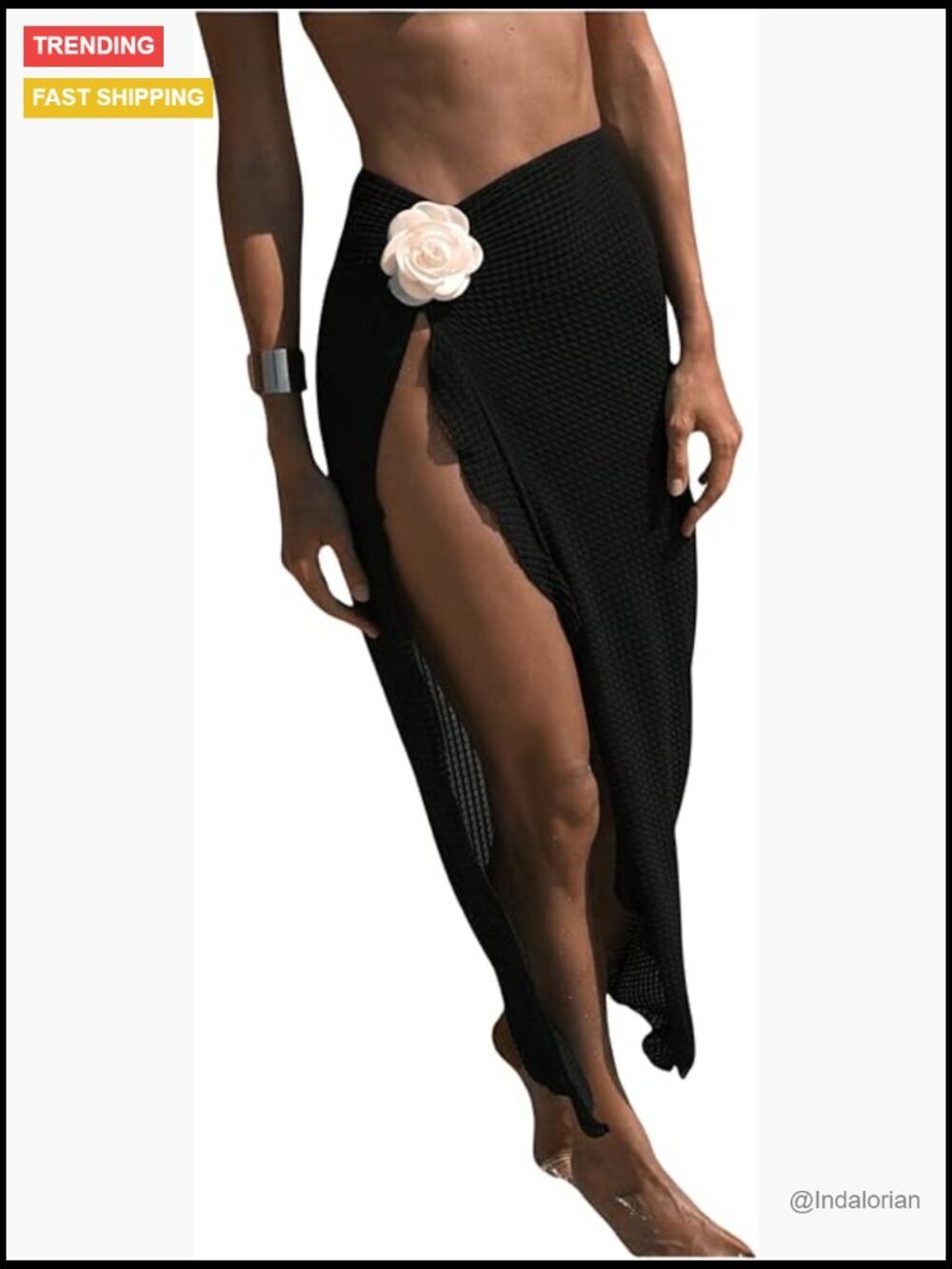 Crochet Knit Cover Up Skirt 3D Floral Applique High Slit Beach Swimsuit Coverup